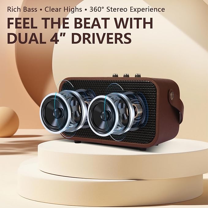 GDSK-4 Portable Bluetooth Speaker, USB Wireless Speaker with Built-in Rechargeable Battery, Retro Small Speaker with Dual 4″ Stereo Bass, IPX4 Splashproof, USB-C Fast Charge for Outdoor, Travel & Home