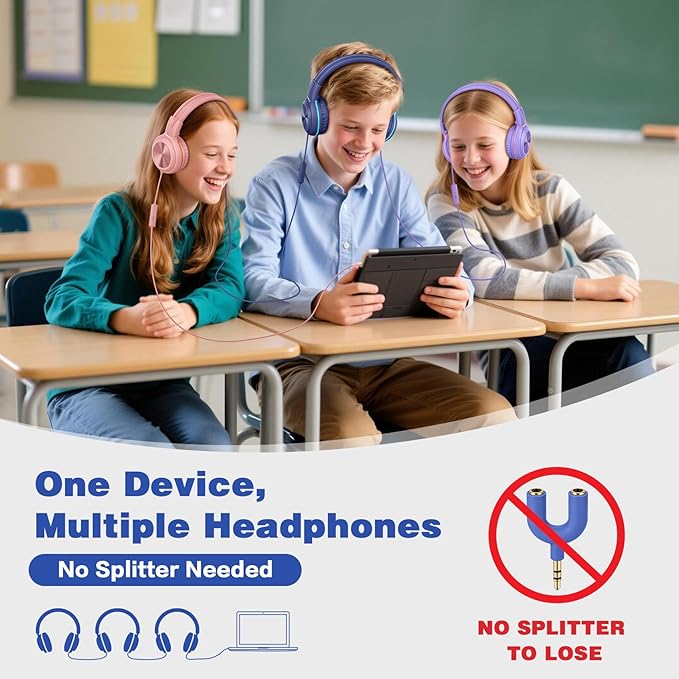 SIMOLIO Wired Headphones for Kids, Girls School Headphone with Microphone & Safe Volume Limiter & Share Port, Foldable Adjustable Over Ear Headsets for Tablet Travel Teens Smartphone (Purple)