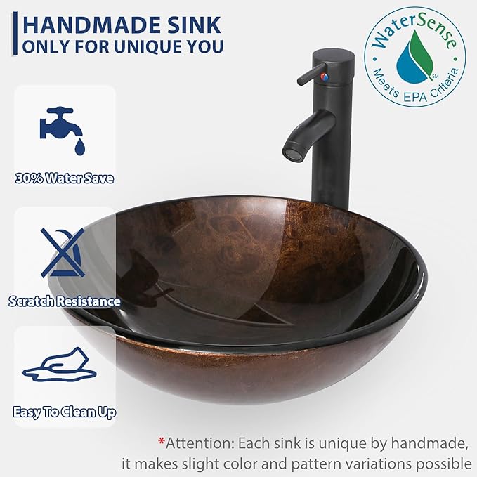 eclife 72" Modern Bathroom Vanity Sink Combo Freestanding Cabinet with Small Side Cabinet, Brown Round Glass Vessel Sink, Water Save Faucet, Drain (Black+A09)