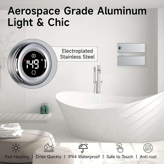 P&Bhusri Electric Heated Towel Rack, Silver Towel Warmer with Adjustable Temperature (98–149°F) and Timer (1-24h, On), Fast Heating and Drying for Bathroom, Memory & Remote Control Compatible