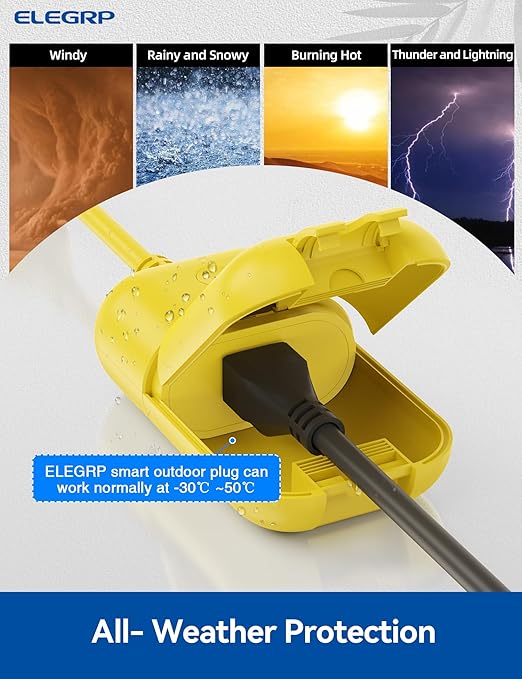 ELEGRP PQR10 Outdoor Smart Plug Waterproof IP66, WiFi Plug Compatible with Alexa & Google Assistant, Smart Outdoor Outlet for String Lights, No Hub Required, 400W Max, UL Certified, 2 Pack, Yellow