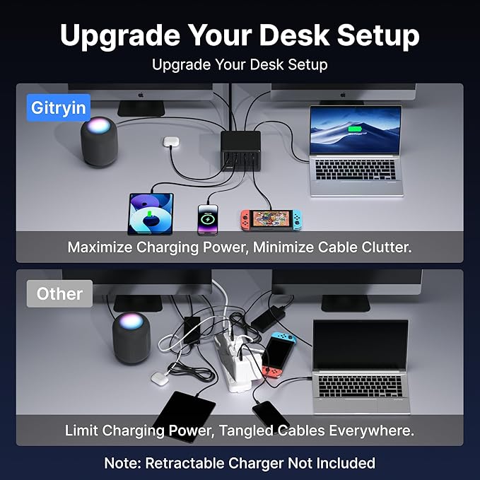 Gitryin 1 Micro USB Wall Charger, 1 DC Wall Charger and 12-in-1 Desktop Charging Station with 3 Type-C and 1 Lightning Retractable Wall Chargers