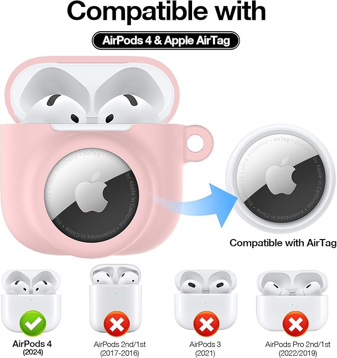 2 in 1 Silicone Case Compatible with AirPod 4 and AirTag 2/1, Shockproof Protective Skin Cover for AirPods 4th Generation with Cleaner Kit & Carabiner (Pink)