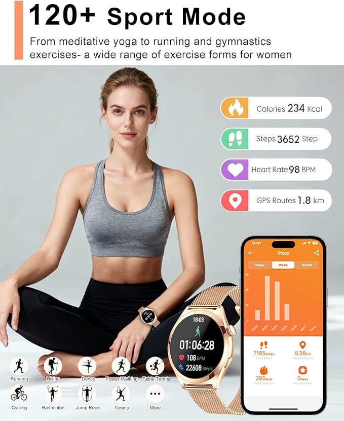 Smart Watches for Women, 1.27" TFT Touchscreen Smartwatch Answer/Make Call, Activity Fitness Trackers with 120+ Sports/HR/Sleep/SpO2 Monitor, IP68 Waterproof for Android iOS (Rose Gold)