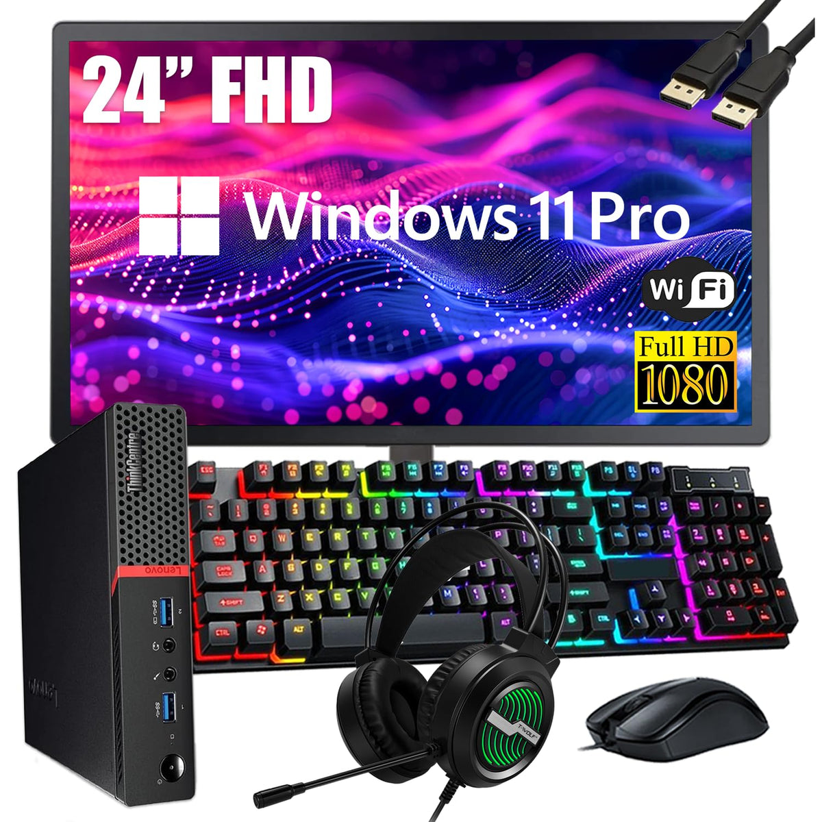 Lenovo ThinkCentre M700 Tiny Desktop PC with 24" FHD Monitor, Intel Quad Core i5-6500, 16GB DDR4 RAM 256GB SSD, 2 DisplayPort, Keyboard & Mouse, WiFi, Windows 11 Pro (Renewed) - Image 1