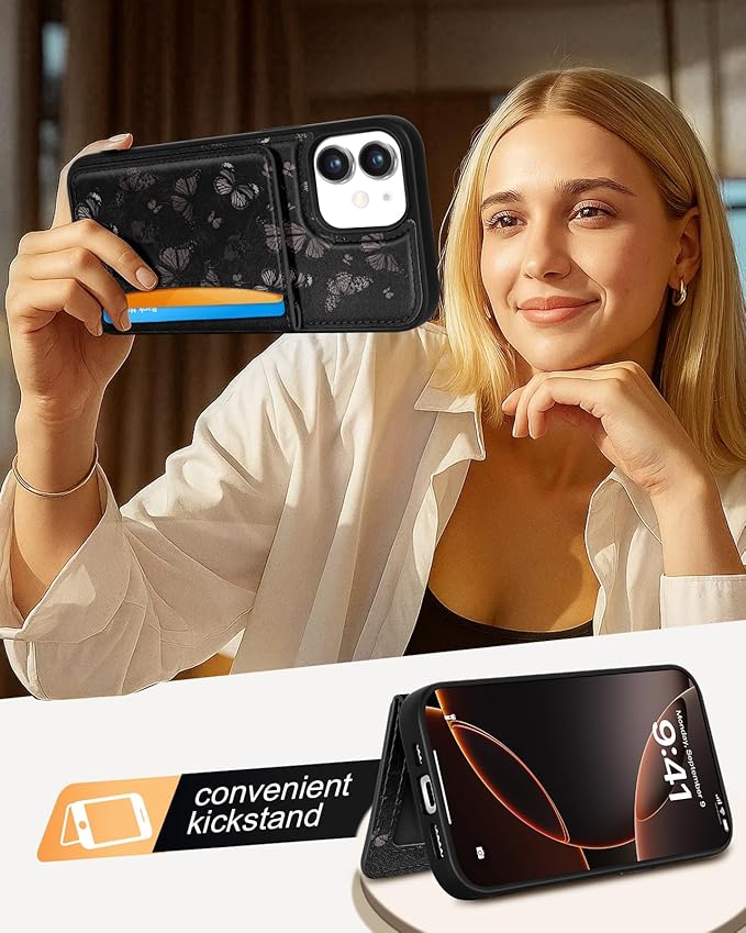 for iPhone 11 Case with Wallet - Fits 4 Card Slots, Compatible with MagSafe for Women Aesthetic Durable PU Leather Credit Card Holder Kickstand Phone Cover for Apple 11, Black Butterfly