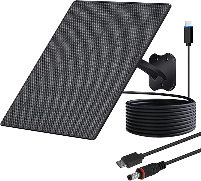 10W Solar Panel for Security Cameras, 5V Outdoor Camera Solar Panel with USB-C Cable, DC 5.5x2.1mm & Micro USB Port, IP66 Waterproof with Adjustable Mount & 10FT Cable