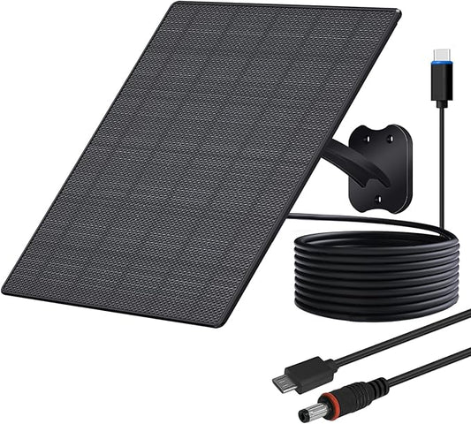 10W Solar Panel for Security Cameras, 5V Outdoor Camera Solar Panel with USB-C Cable, DC 5.5x2.1mm & Micro USB Port, IP66 Waterproof with Adjustable Mount & 10FT Cable