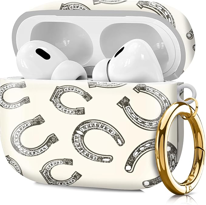 Compatible with Airpod pro 2nd/1st Generation Case Cover with Gold Round Keychain Cute Pattern Hard & Anti Slip Cover for Men Women & Girls（Horseshoe Print）