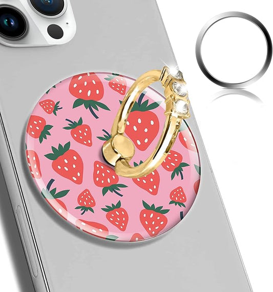 Magnetic Phone Ring Holder Compatible with MagSafe, Cute Phone Grip Stand with 360° Rotation Gold Glitter Finger Ring Kickstand Accessories for Most Phones Pink Red Strawberry