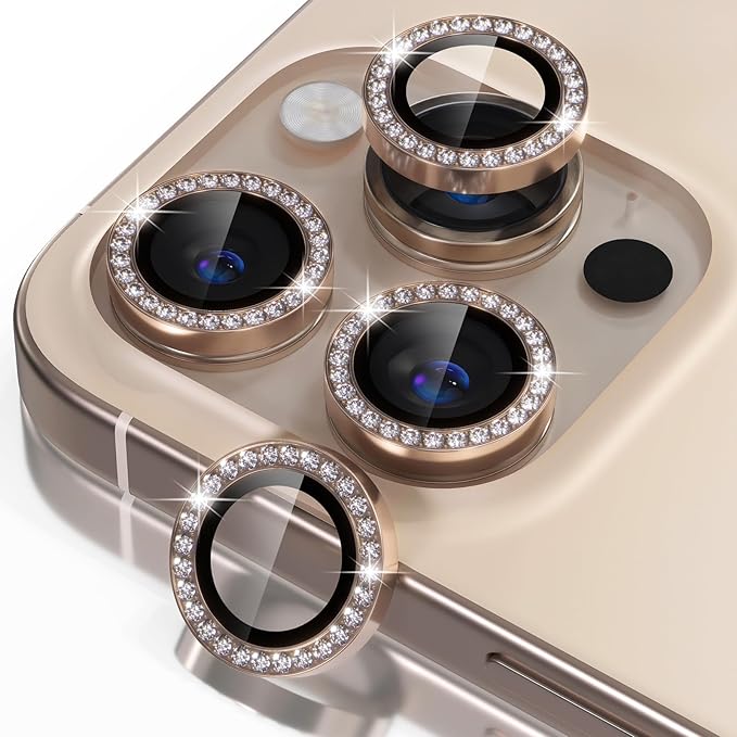 Misea Compatible for iPhone 16 Pro/iPhone 16 Pro Max Camera Lens Protector Bling, 9H Tempered Glass Camera Cover Screen Protector Metal Individual Ring Protector Accessories, Desert Titanium Diamond