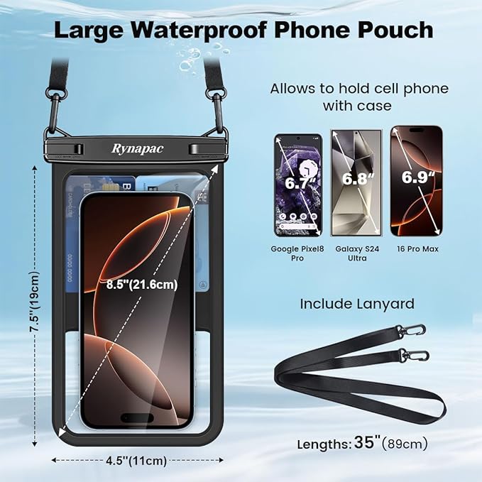 [Up to 8.5"] Waterproof Phone Pouch Bag - 2 Pack IPX8 Waterproof Phone Case for iPhone 17 16 15 14 Pro Max Galaxy S26 S25 Ultra, Touchscreen & Underwater Photography, Beach Cruise Travel Essentials