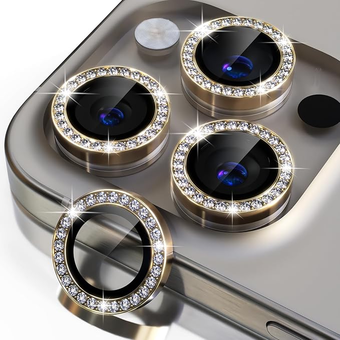 Misea Compatible for iPhone 15 Pro/iPhone 15 Pro Max Camera Lens Protector Bling, 9H Tempered Glass Camera Cover Screen Protector Metal Individual Ring Protector Decoration Accessories, Gold Diamond