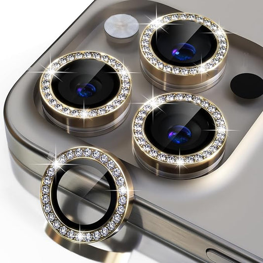 Misea Compatible for iPhone 15 Pro/iPhone 15 Pro Max Camera Lens Protector Bling, 9H Tempered Glass Camera Cover Screen Protector Metal Individual Ring Protector Decoration Accessories, Gold Diamond