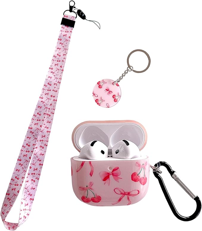 Cute Pink Ribbon Bow Cherry Design Air Pod 4th Generation （2024） with Bow Cherry Lanyard Keychain，Unique IMD Process TPU Soft Air Pod 4th Case
