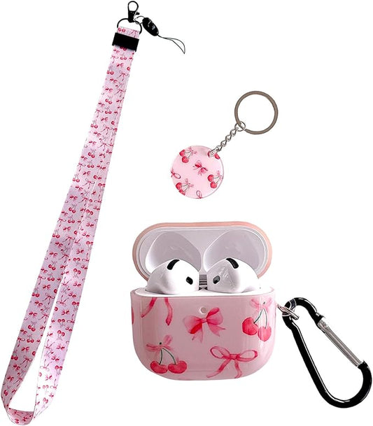 Cute Pink Ribbon Bow Cherry Design Air Pod 4th Generation （2024） with Bow Cherry Lanyard Keychain，Unique IMD Process TPU Soft Air Pod 4th Case