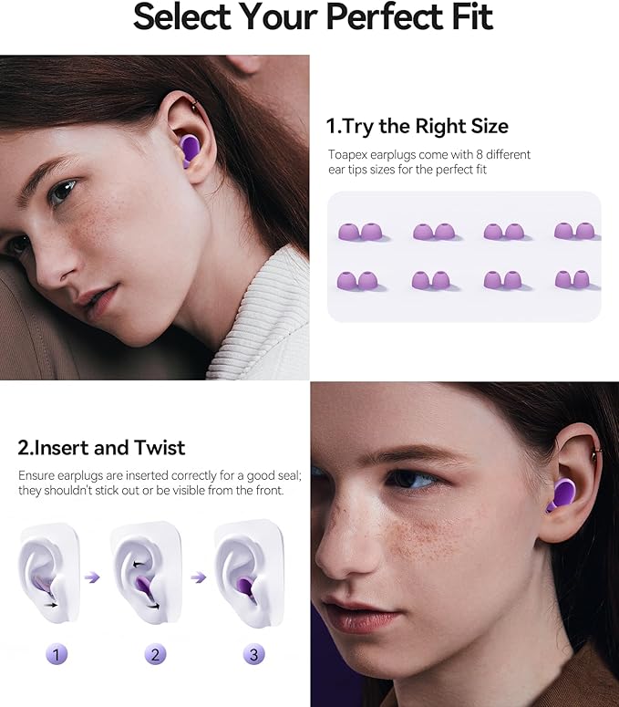 45dB Ear Plugs for Sleeping Noise Cancelling Ear Plugs for Noise Reduction & Snoring, Concerts, Earplugs for Sleep,Sider Sleepers Airplane, Silicone Earplugs Reusable Concert Ear Plug Case LilacPurple