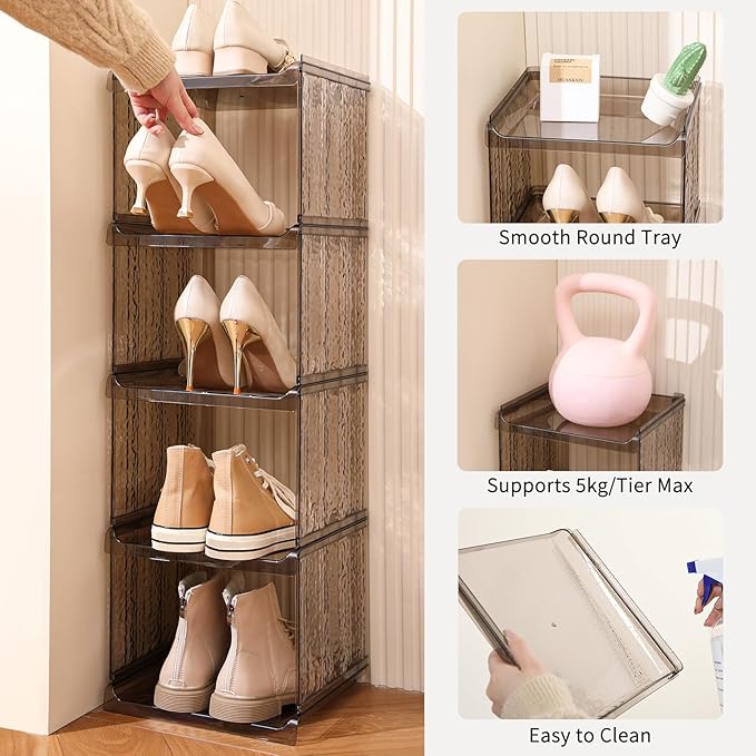 HAIXIN Vertical Shoe Rack for Closet, 5-Tier Modular Shoe Organizer for Front Door Entrance, Shoe Storage Cabinet, Narrow Stackable Shoe Stand Shelf Tower Space Saving for Entryway, Corner - Brown