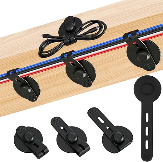 12Pcs Silicone Cable Straps, Self Adhesive Cable Management Under Desk, Reusable Cable Clip, Wire Organizers for Cords, Cord Holder for Home, Kitchen, Office, Bedroom, Car (Black)