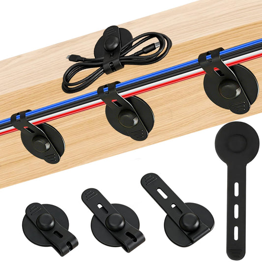 12Pcs Silicone Cable Straps, Self Adhesive Cable Management Under Desk, Reusable Cable Clip, Wire Organizers for Cords, Cord Holder for Home, Kitchen, Office, Bedroom, Car (Black)