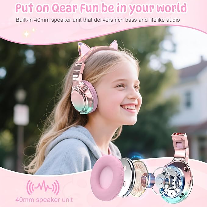 QearFun Kids Cat Ear Bluetooth Headphones, 60H Playtime, 74/85/94dB Safe Volume Limit, Metallic Gradient Wireless Headset with Mic, Fast Charging, Foldable, Wired Mode for Girls School/Tablet/Travel
