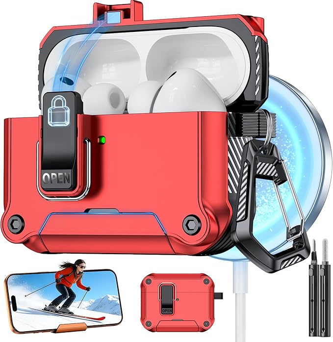 for AirPods Pro 3 Case with Lock,Automatic Snap Switch Design with Phone Stand，Accessories with Cleaning Pen/Keychain/Tool,Compatible with Magsafe(Red, AirPods Pro 3rd (2025))