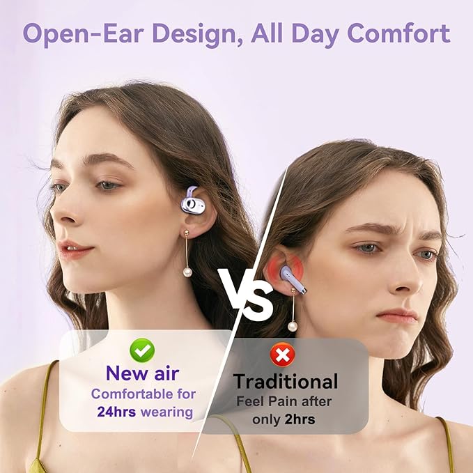 Purple Over Open Ear Earbuds Headphones Bluetooth Wireless Outside Out of Ear Buds Hook for Runners Wrap Around Ears Air Bone Conduction Headsets Workout Sports Eabuds Earphones with Earhooks