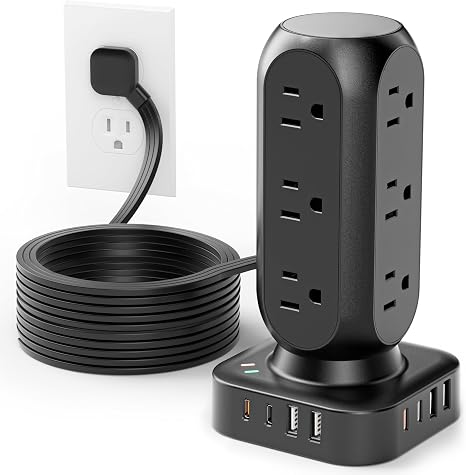Flat Plug Power Strip Tower, TenTrend 40W Total Fast Charging Station, 10FT