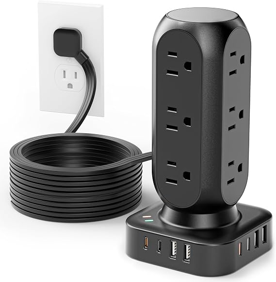 Flat Plug Power Strip Tower, TenTrend 40W Total Fast Charging Station, 10FT
