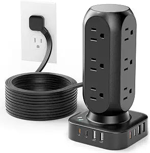 Flat Plug Power Strip Tower, TenTrend 40W Total Fast Charging Station, 10FT