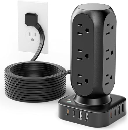 Flat Plug Power Strip Tower, TenTrend 40W Total Fast Charging Station, 10FT