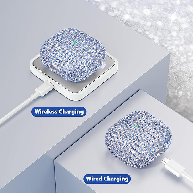VISOOM Cute Jewelry Cases for Airpods 4 Cases 2024 Cover Women, Sparkly Air pods 4 Gen Case Hard TPU Airpod Case 4th Generation Bling Glitter iPods 4 Cas Keychain for iPods Earbuds Airpods 4th-Blue