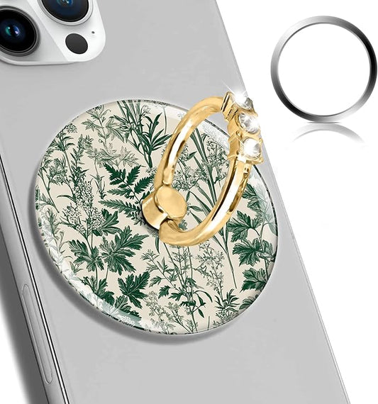 Magnetic Phone Ring Holder Compatible with MagSafe, Cute Phone Grip Stand with 360° Rotation Gold Glitter Finger Ring Kickstand Accessories for Most Phones Cute Green Flower