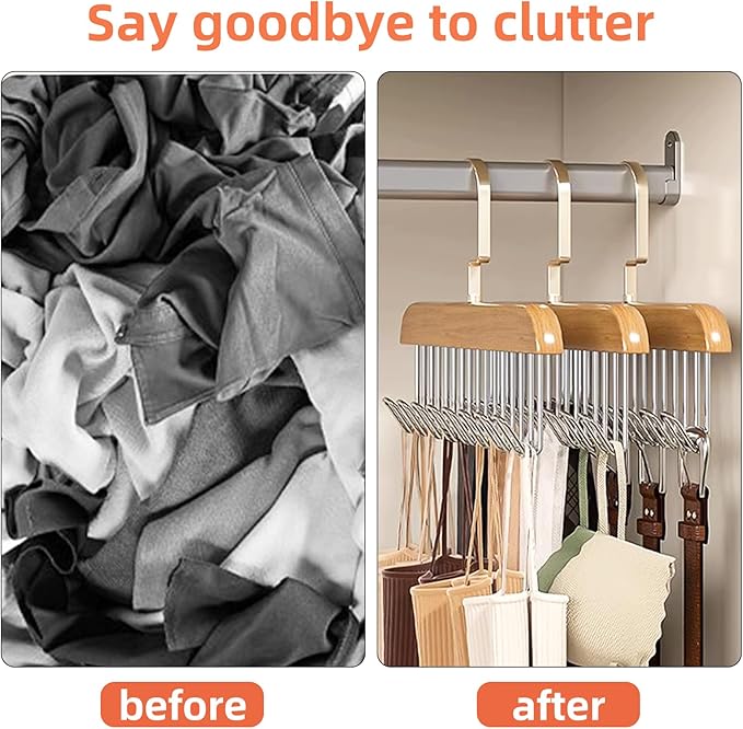 2 Pcs Tank Top Hanger,Tie Racks for Closet, Wooden Hangers with 8 Hooks Space Saving, Closet Organizers and Storage for Bras Camis Belts Ties