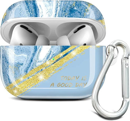 JIAXIUFEN Compatible with AirPods Pro 1st Case Cover Gold Sparkle Glitter Marble Design Cute Full Protective Silicone TPU Skin Accessories for Women Girl Day Blue