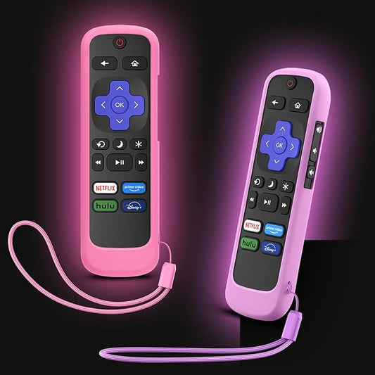 Remote Cover for Hisense TCL Roku TV, Universal Replacement Remote Case Compatible with Roku Voice Remote, Glow in The Dark (Pink+Purple)