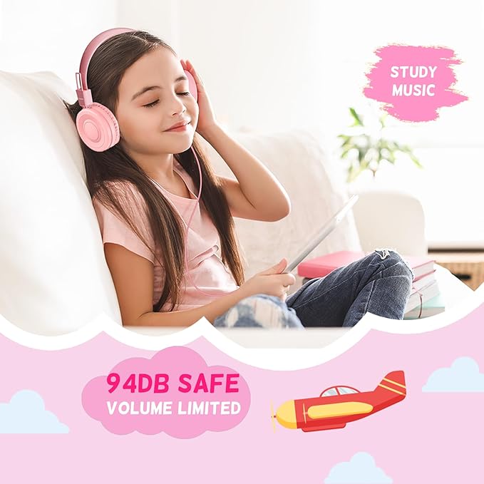 USB Type C Kids Headphones for School, Wired Toddler Headphones, 94dB Volume Limited, HD Stereo Sound, Foldable Lightweight On-Ear Wired Headphones for Kids/Children/Teens/Boys (Light Pink)
