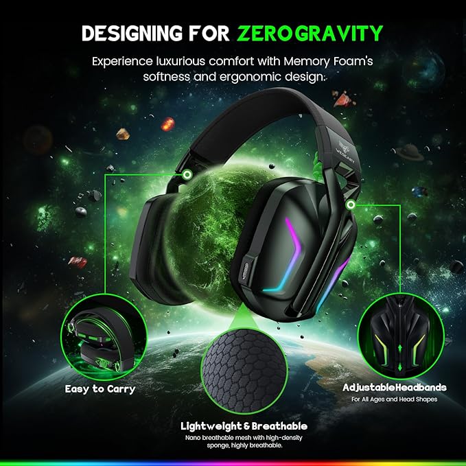 Wireless Gaming Headset for Xbox Series X|S, Xbox One, PS5, PS4, PC, Mac, Switch, 2.4GHz + Bluetooth Gaming Headphones with ENC Mic for Game Boy Color Accessories, 3D Stereo, LED Lights