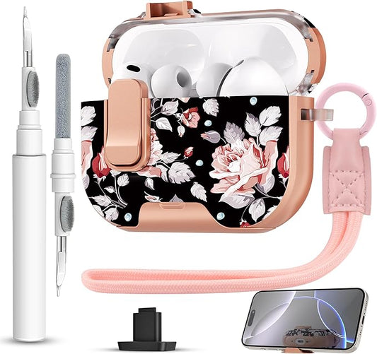 for AirPods Pro 3 Case(2025) with Secure Lock Clip and Phone Stand,Floral Girly Style Protective Cover with Cleaning Kit and Hand Strap for Apple AirPod Pro 3 Generation (Rose Petals)