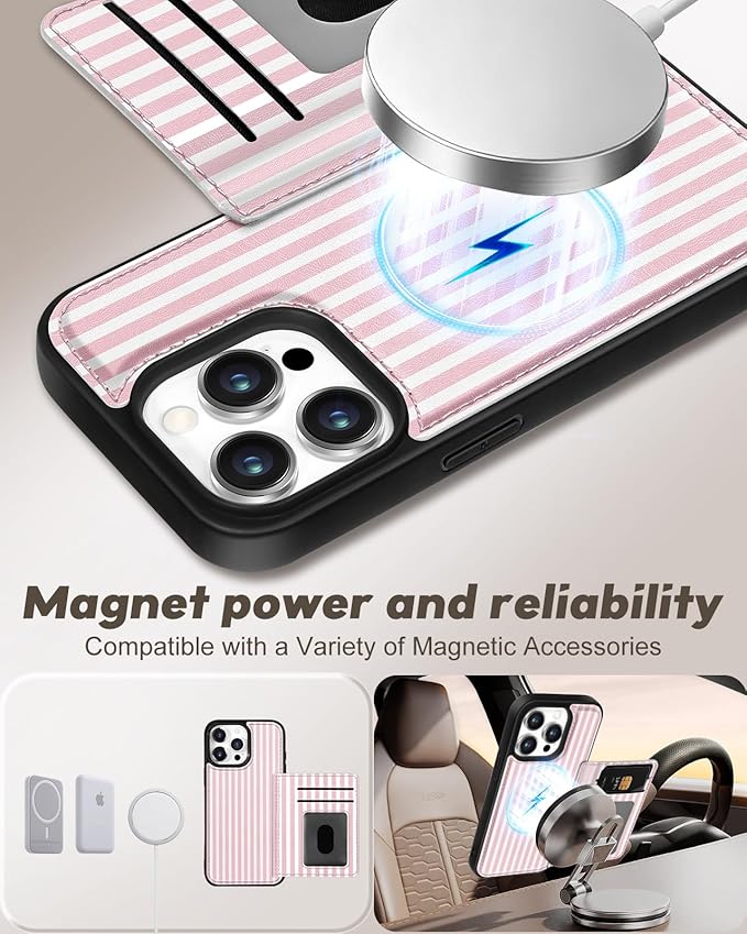 for iPhone 15 Pro Max Case with Wallet - Fits 4 Card Slots, Compatible with MagSafe for Women Aesthetic Durable PU Leather Credit Card Holder Kickstand Phone Cover for Apple 15 Promax, Stripe
