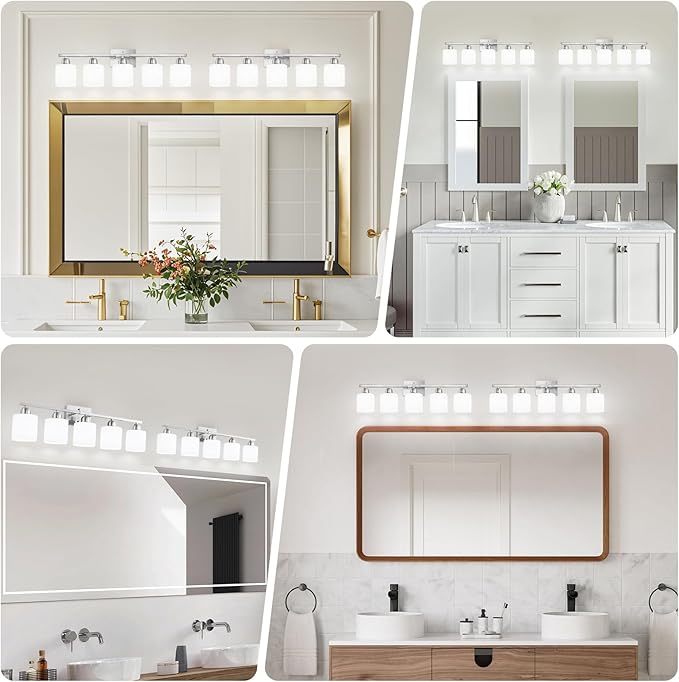 5 Light Bathroom Light Fixtures Brushed Nickel, Bathroom Vanity Light with Milky White Frosted Glass Shade, Vanity Lights for Mirror Bedroom Living Room E26 Base