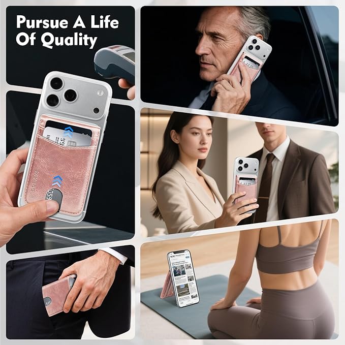 Compatible with Magsafe Case with Card Holder for Men Women Magnetic Ultra-Thin Wallet Bracket Adjustable Bracket for iPhone 17/16/15/14/13/12 Pro/Pro Max/PlusSeries,Rose Gold