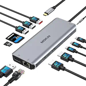 USB C Laptop Docking Station Dual Monitor Dual HDMI 4K DP Triple Display Hub, 13 in 1 MOKiN USB C Hub with 3 Monitors, DisplayPort, USB 3.1, RJ45, 100W PD, Card Reader, Audio/Mic, for Dell HP Lenovo