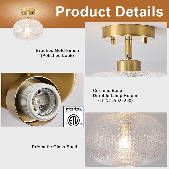 Modern Prismatic Globe Ceiling Light,Vintage Glass Flush Mount Light Fixture with Brass Gold Hallway Ceiling Lighting for Bedroom,Foyer,Kitchen,Laundry Room,Entryway,E26 Ceramic Base,9.84 Inch