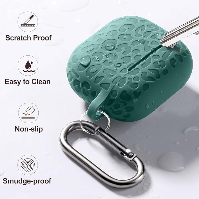 Leopard Engraved for AirPods 4 Case Cover 2024,Soft Silicone Protective Case Compatible with Apple AirPods 4th Generation Case for Women,Cute AirPod 4 Case Accessories with Keychain,Pinggreen
