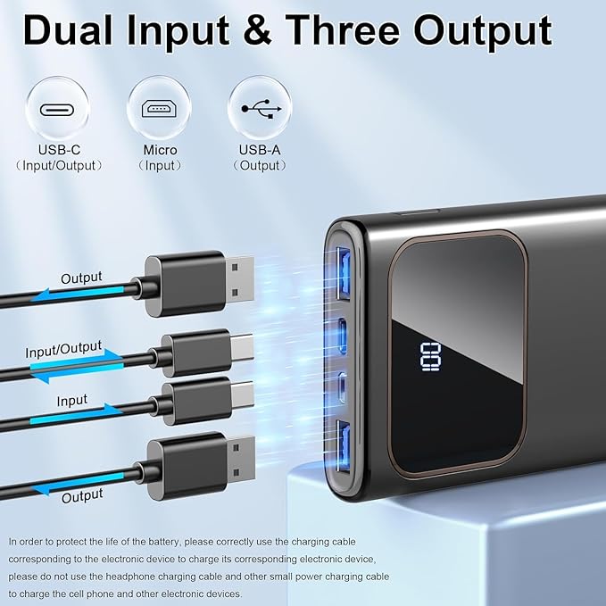 Power Bank, 10000mAh Portable Charger with PD 5A/3W Fast Charging, USB C in&out External Battery Pack, Portable Cell Phone Charger for iPhone 16 15 14 13 /ProMax/Pro/Plus Samsung S23 S22 Android Phone