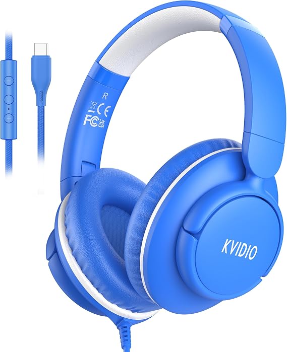 KVIDIO USB C Headphone Wired with Mic, Over Ear Headphones for School,Blue