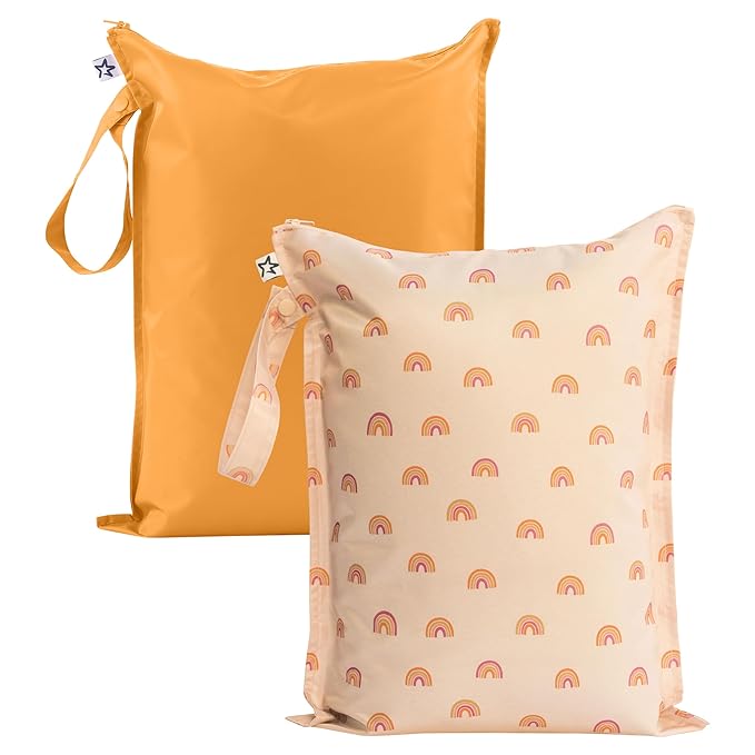 Tiny Twinkle Mess Proof Wet Bags | 2-Pack Reusable Waterproof Wet Bags for Swimsuits | Baby Clothes | Travel & Diaper Bag (Boho Rainbow)
