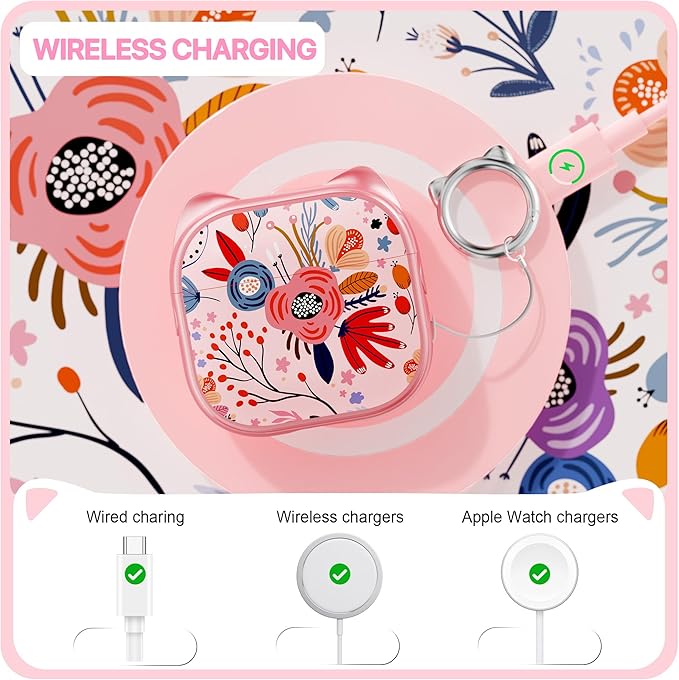 RFUNGUANGO AirPods 4 Case for Women Girly Cat Case with Lock, Phone Stand,Keychain & Cleaner Kit, Compatible with Apple Airpods 4th Generation Case Cover, Pink Berry Flower