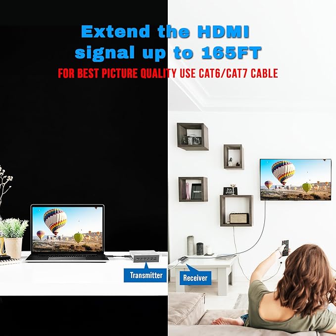 J-Tech Digital HDMI Extender 1080P 60Hz Over Single CAT 5e/6/7 PoC (Power Over Cable) up to 165ft, Deep Color EDID Copy Zero Signal Loss [JTD-HDEX-1PV2]